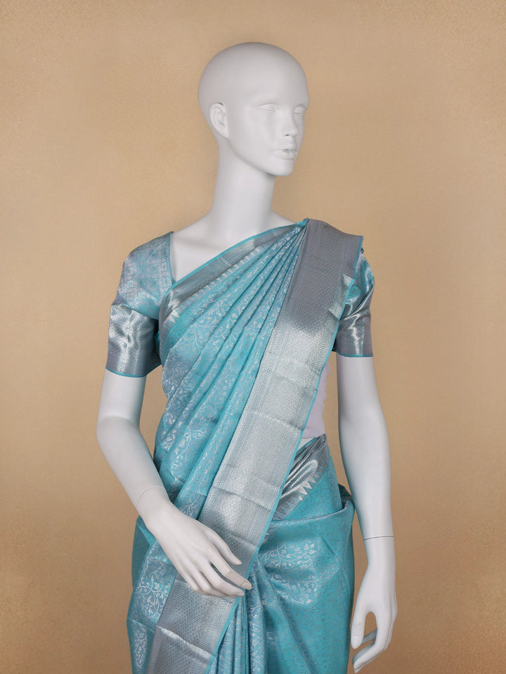 Sky Blue Floral Woven Pure Kanchipuram Silk Saree - Diadem