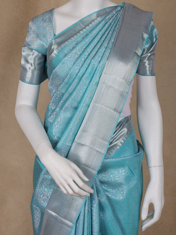 Sky Blue Floral Woven Pure Kanchipuram Silk Saree - Diadem