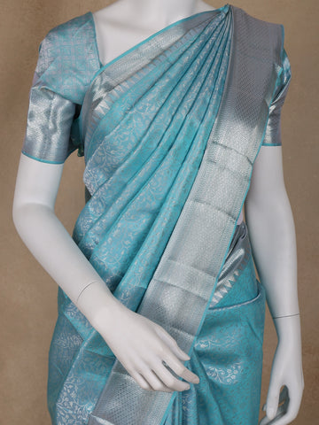 Sky Blue Floral Woven Pure Kanchipuram Silk Saree - Diadem