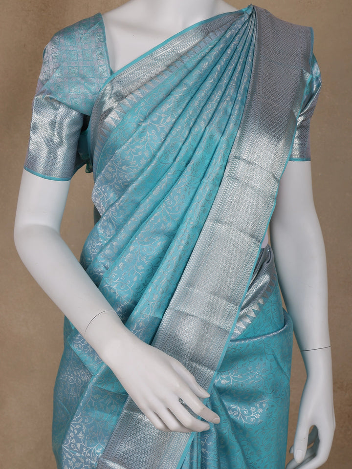 Sky Blue Floral Woven Pure Kanchipuram Silk Saree - Diadem