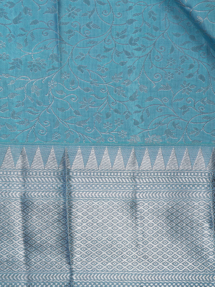 Sky Blue Floral Woven Pure Kanchipuram Silk Saree - Diadem
