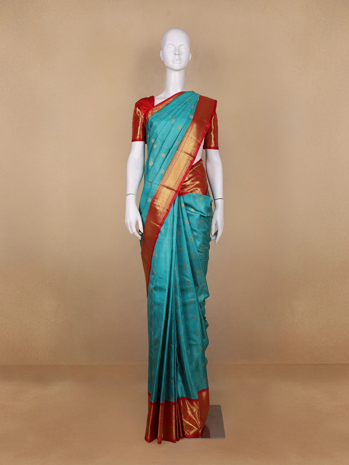 Sky Blue Floral and Checks Woven Pure Kanchipuram Silk Saree - Diadem