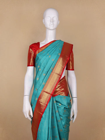Sky Blue Floral and Checks Woven Pure Kanchipuram Silk Saree - Diadem