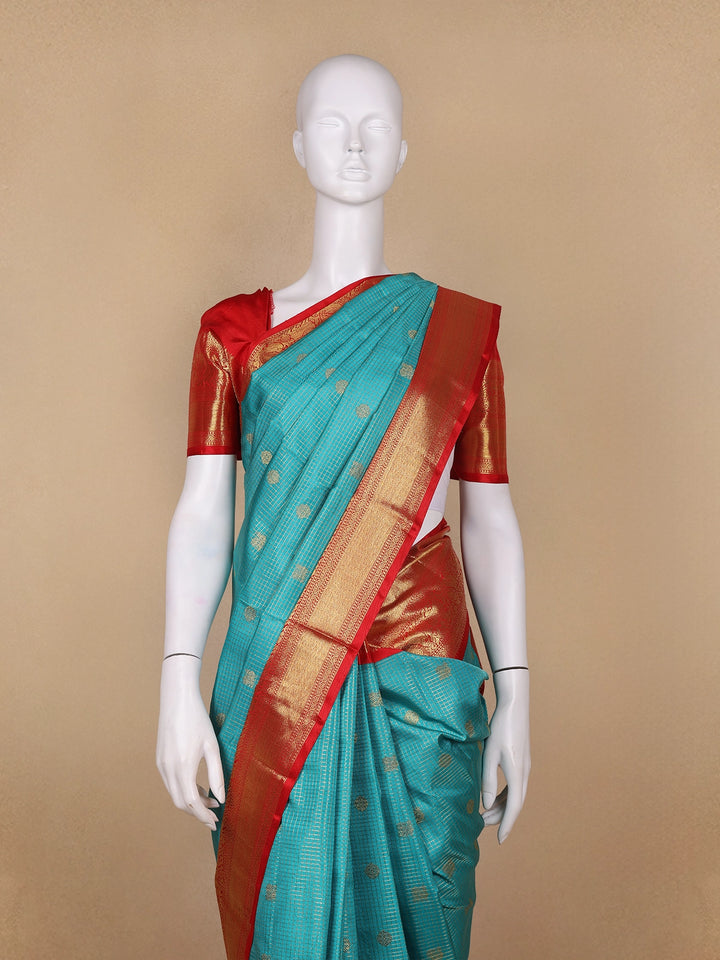 Sky Blue Floral and Checks Woven Pure Kanchipuram Silk Saree - Diadem