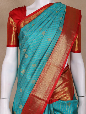 Sky Blue Floral and Checks Woven Pure Kanchipuram Silk Saree - Diadem