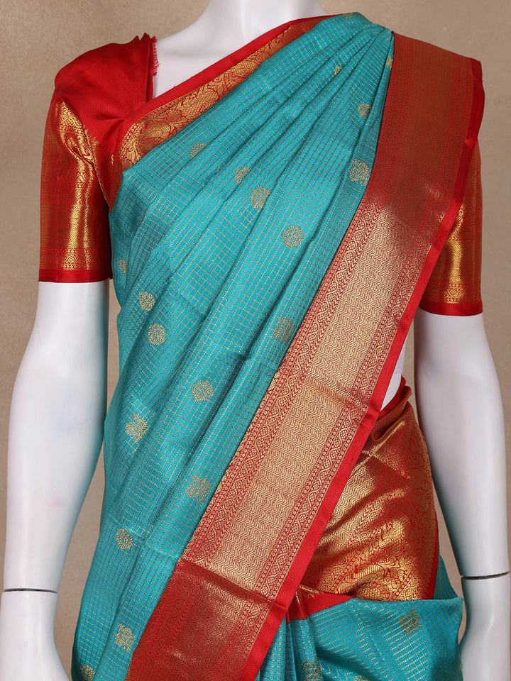 Sky Blue Floral and Checks Woven Pure Kanchipuram Silk Saree - Diadem