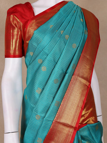 Sky Blue Floral and Checks Woven Pure Kanchipuram Silk Saree - Diadem