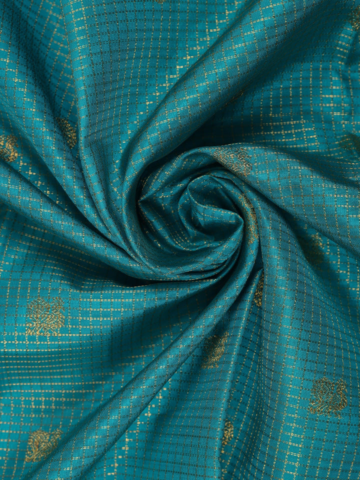 Sky Blue Floral and Checks Woven Pure Kanchipuram Silk Saree - Diadem
