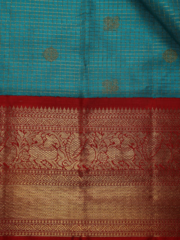 Sky Blue Floral and Checks Woven Pure Kanchipuram Silk Saree - Diadem