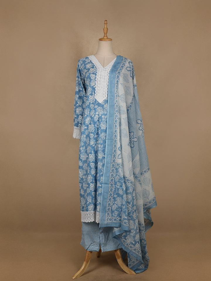 Sky Blue Floral printed Cotton Salwar Suit - Diadem
