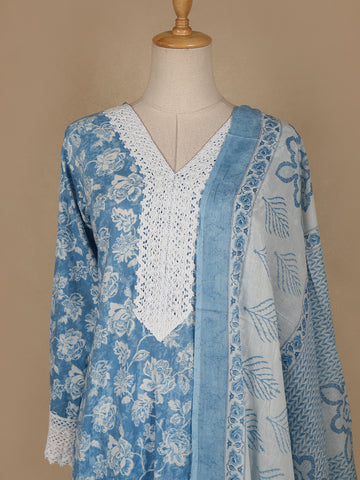 Sky Blue Floral printed Cotton Salwar Suit - Diadem
