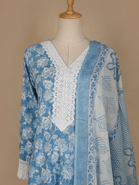Sky Blue Floral printed Cotton Salwar Suit - Diadem