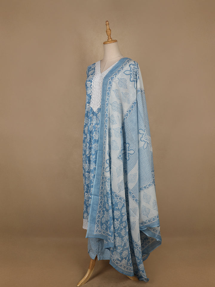 Sky Blue Floral printed Cotton Salwar Suit - Diadem