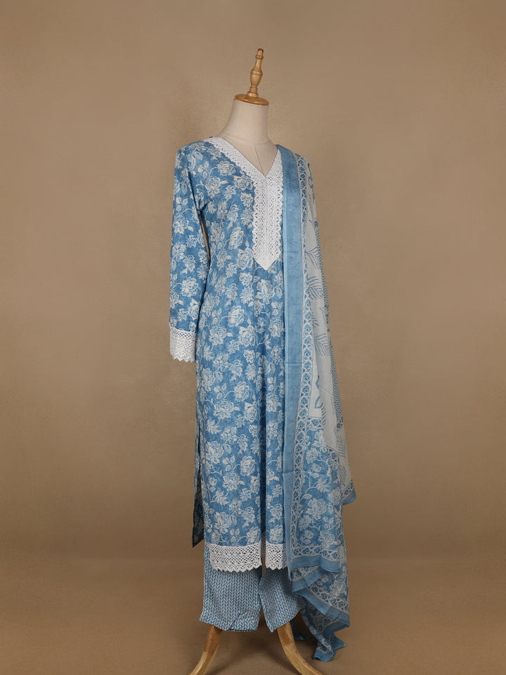 Sky Blue Floral printed Cotton Salwar Suit - Diadem