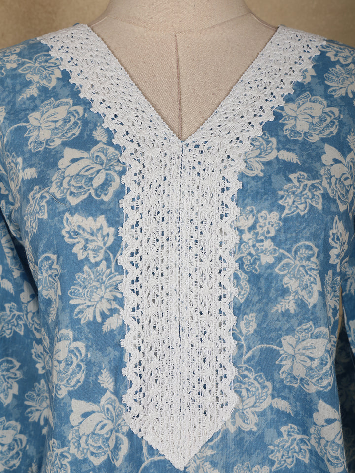 Sky Blue Floral printed Cotton Salwar Suit - Diadem