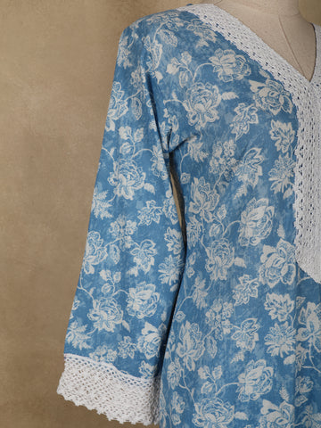 Sky Blue Floral printed Cotton Salwar Suit - Diadem