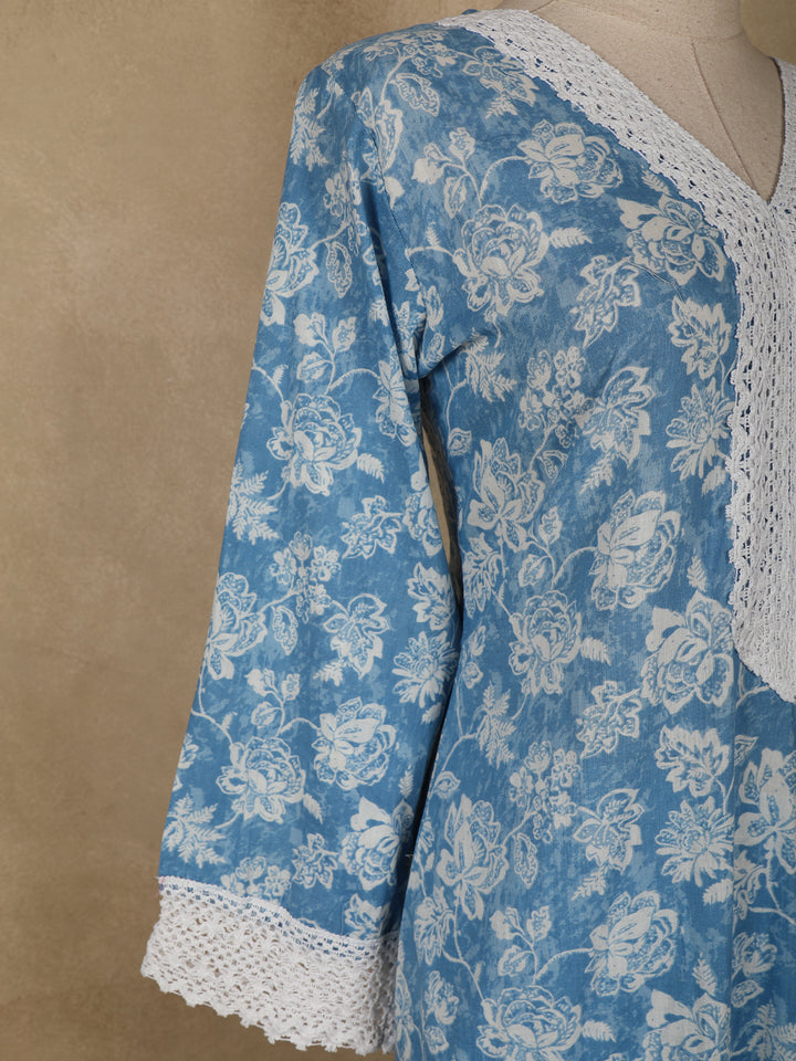 Sky Blue Floral printed Cotton Salwar Suit - Diadem