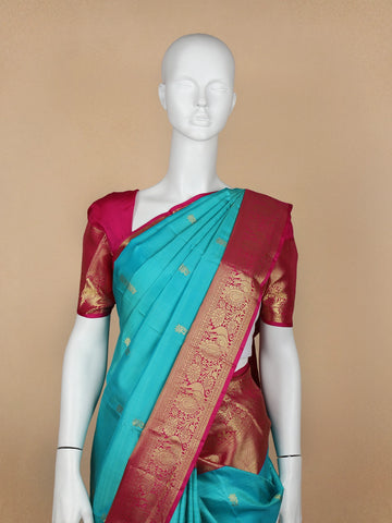 Sky Blue Floral Woven Pure Kanchipuram Silk Saree - Diadem