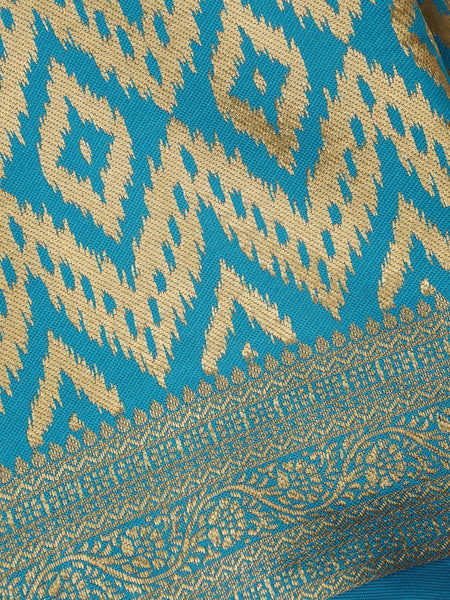 Sky Blue Geometric Ikat Design Silk Saree - Diadem