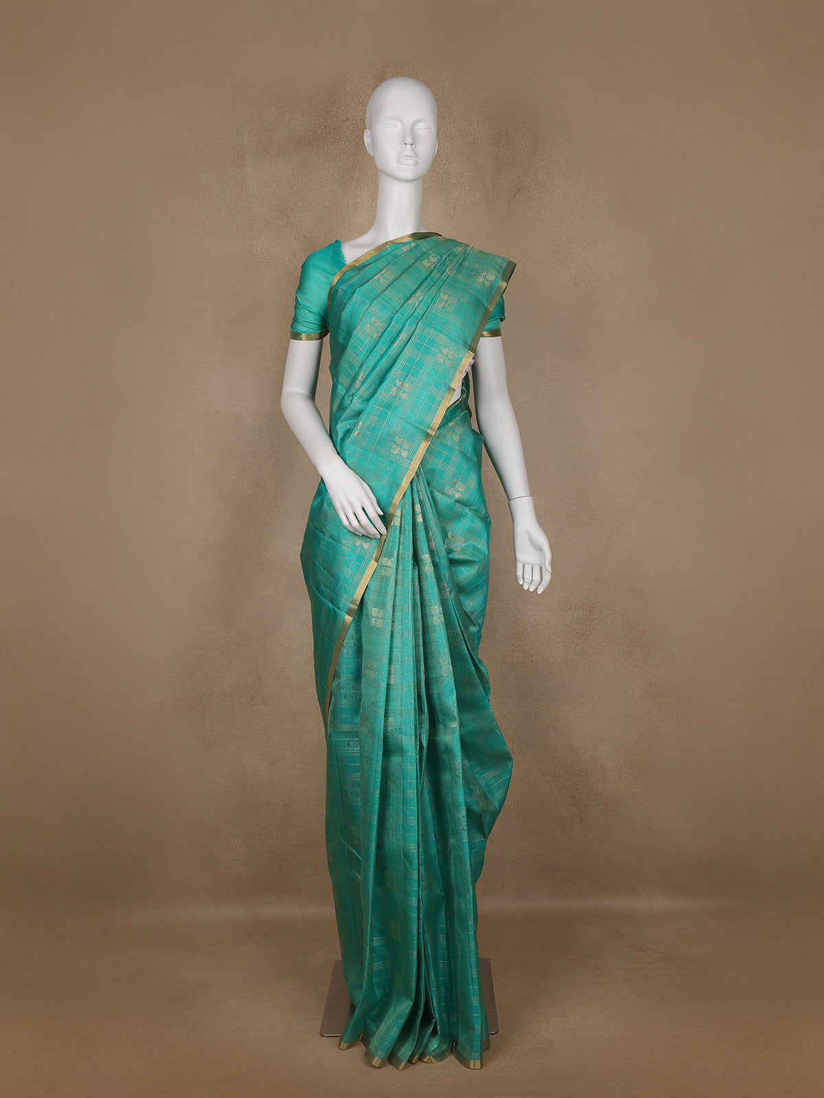 Sky Blue Peacock Butta and checks woven Silk Saree - Diadem