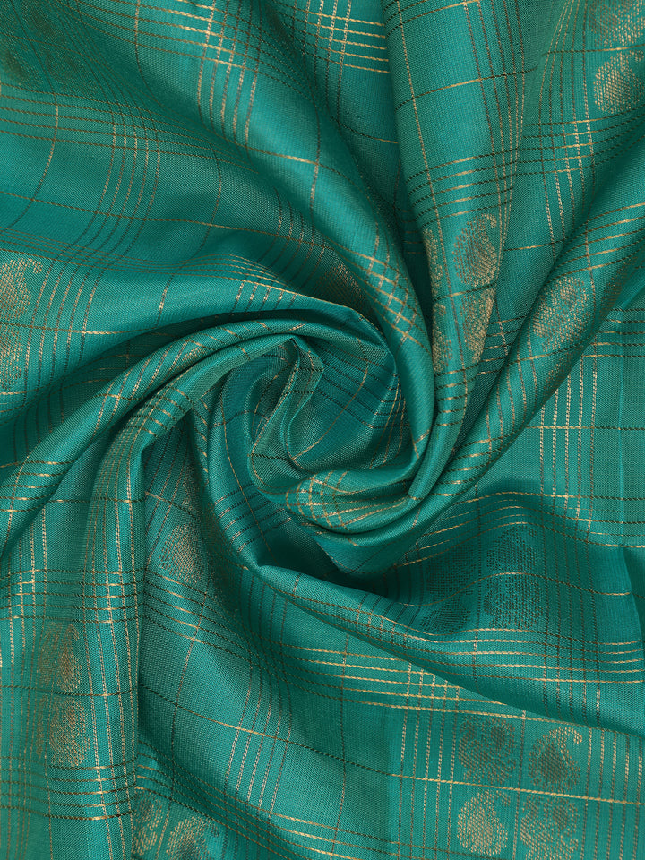 Sky Blue Peacock Butta and checks woven Silk Saree - Diadem