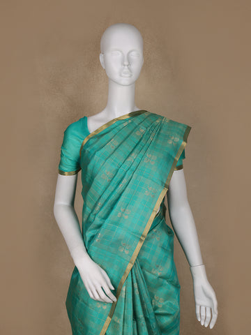 Sky Blue Peacock Butta and checks woven Silk Saree - Diadem