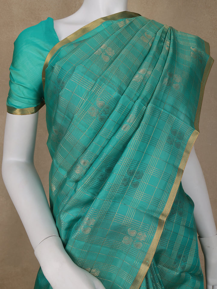 Sky Blue Peacock Butta and checks woven Silk Saree - Diadem