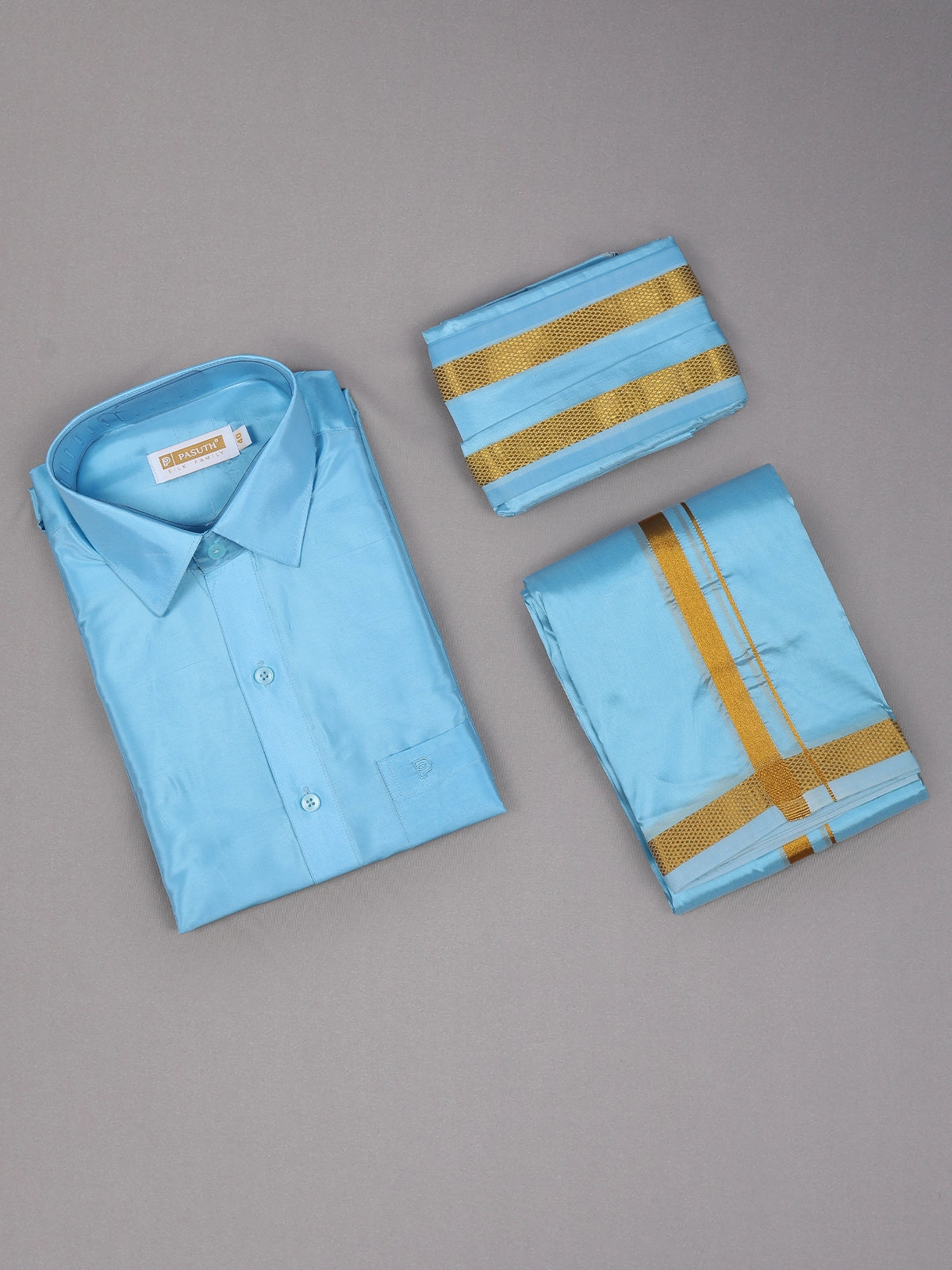 Sky Blue Plain Semi Silk Full-Sleeve Shirt with Matching Dhoti Set