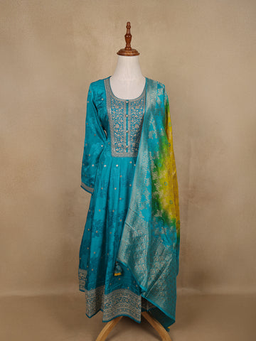 Sky Blue Sequins Design Floral Printed Silk Anarkali Salwar Suit - Diadem