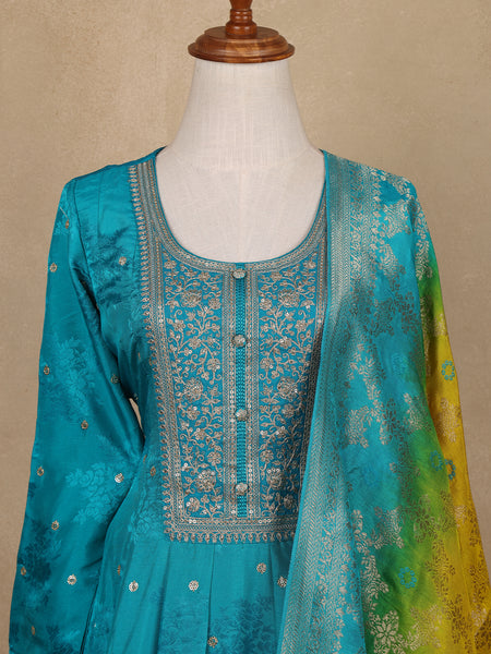 Sky Blue Sequins Design Floral Printed Silk Anarkali Salwar Suit - Diadem