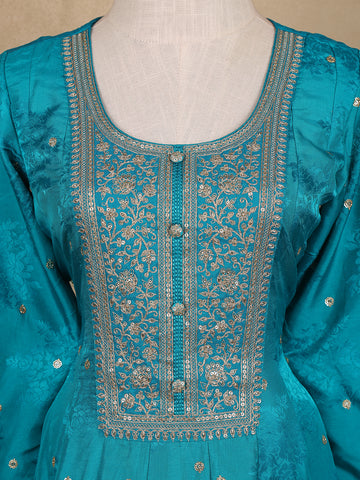 Sky Blue Sequins Design Floral Printed Silk Anarkali Salwar Suit - Diadem