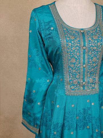Sky Blue Sequins Design Floral Printed Silk Anarkali Salwar Suit - Diadem