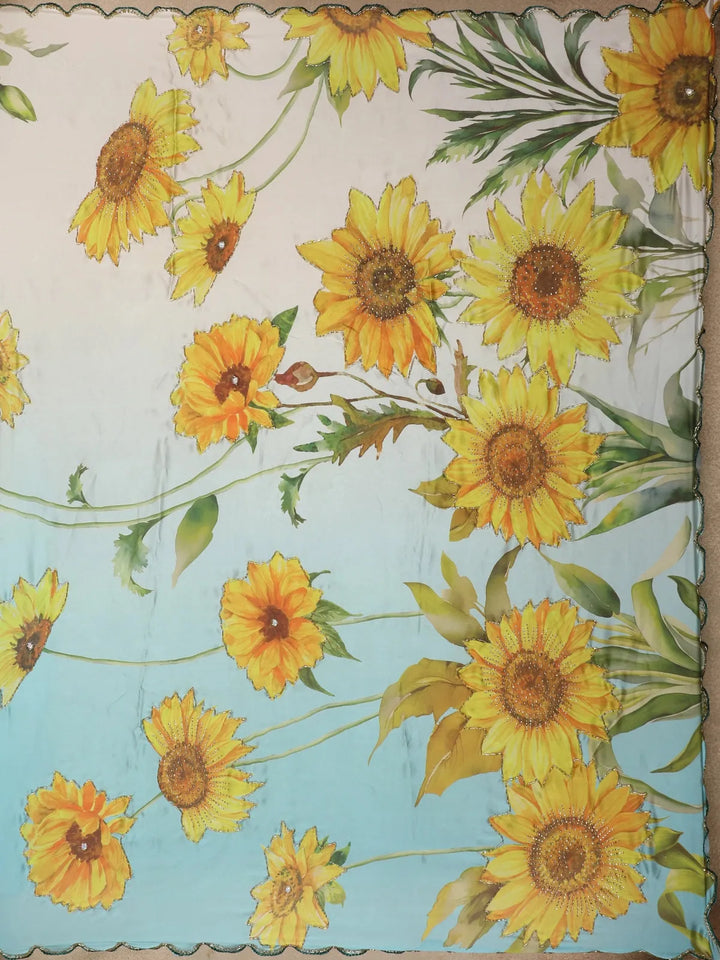 Sky Blue Sun Flower Designed Satin Fancy Saree - Diadem