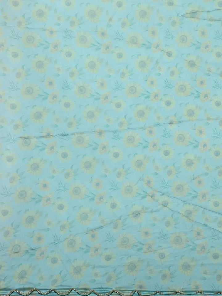 Sky Blue Sun Flower Designed Satin Fancy Saree - Diadem