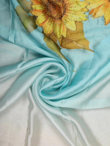 Sky Blue Sun Flower Designed Satin Fancy Saree - Diadem