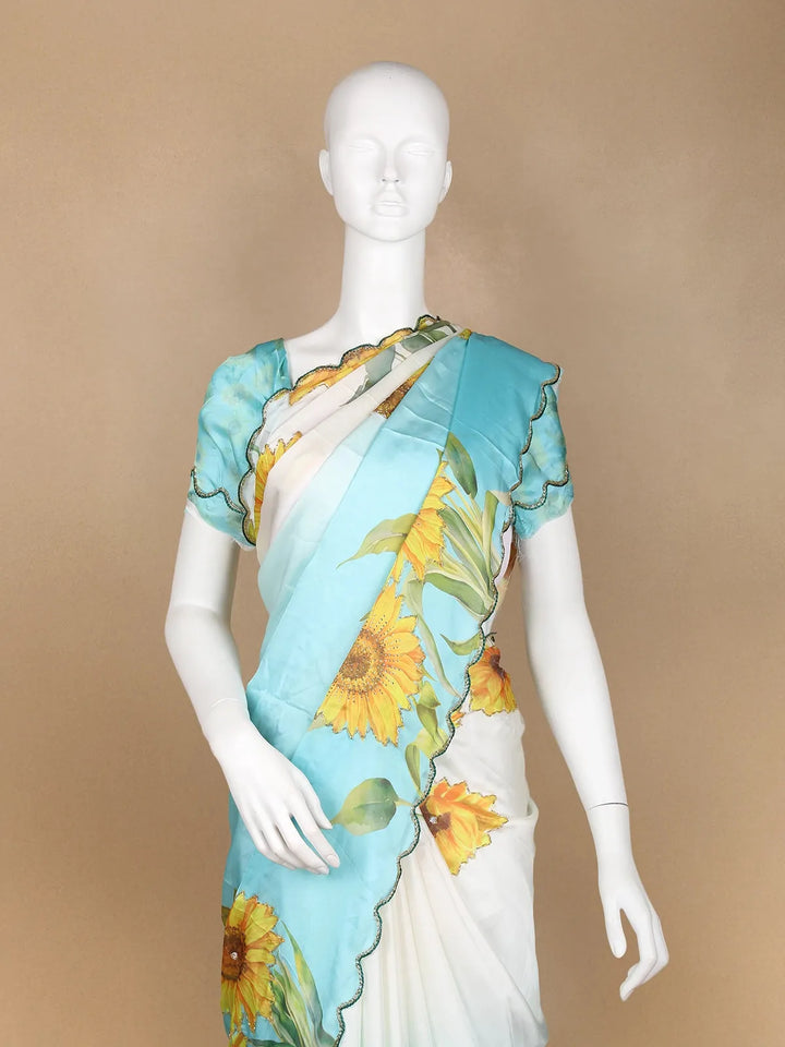 Sky Blue Sun Flower Designed Satin Fancy Saree - Diadem
