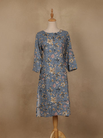 Slate Blue Floral Design Print Rayon Kurti - Diadem