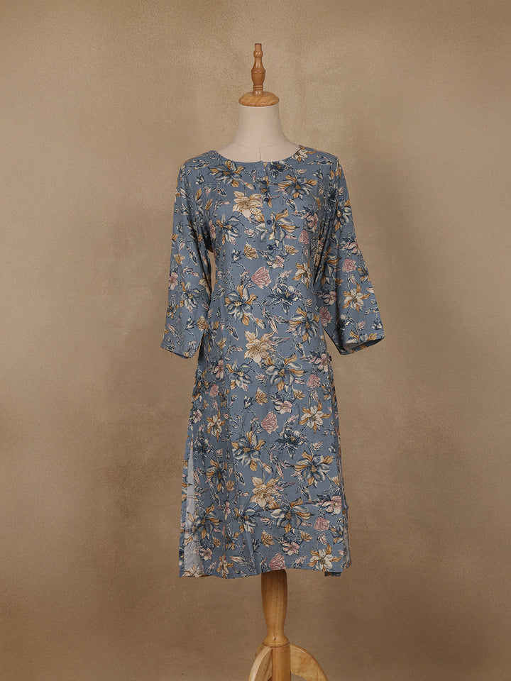 Slate Blue Floral Design Print Rayon Kurti - Diadem