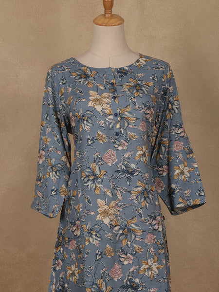 Slate Blue Floral Design Print Rayon Kurti - Diadem