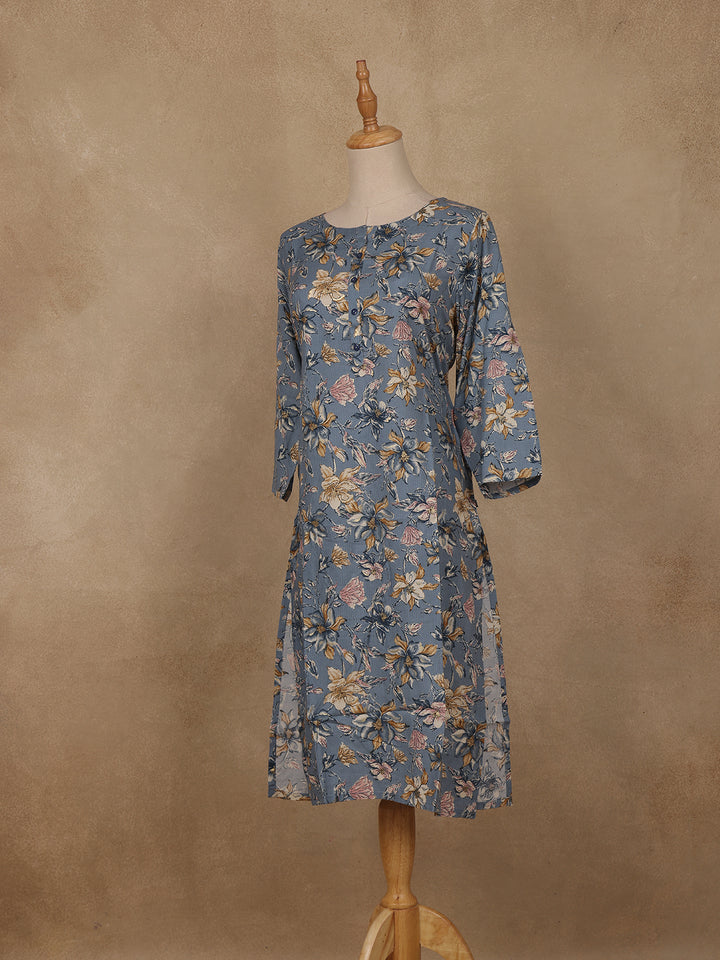 Slate Blue Floral Design Print Rayon Kurti - Diadem
