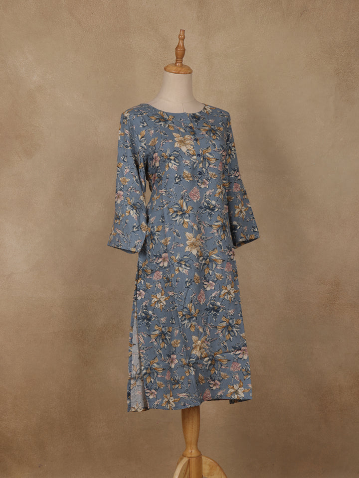 Slate Blue Floral Design Print Rayon Kurti - Diadem
