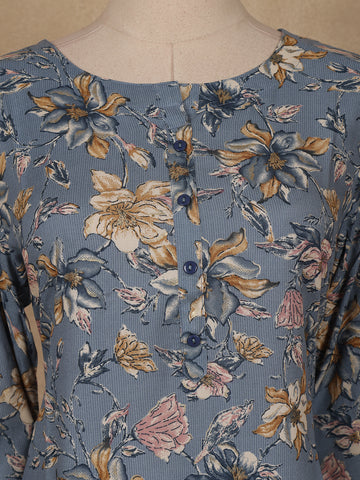Slate Blue Floral Design Print Rayon Kurti - Diadem