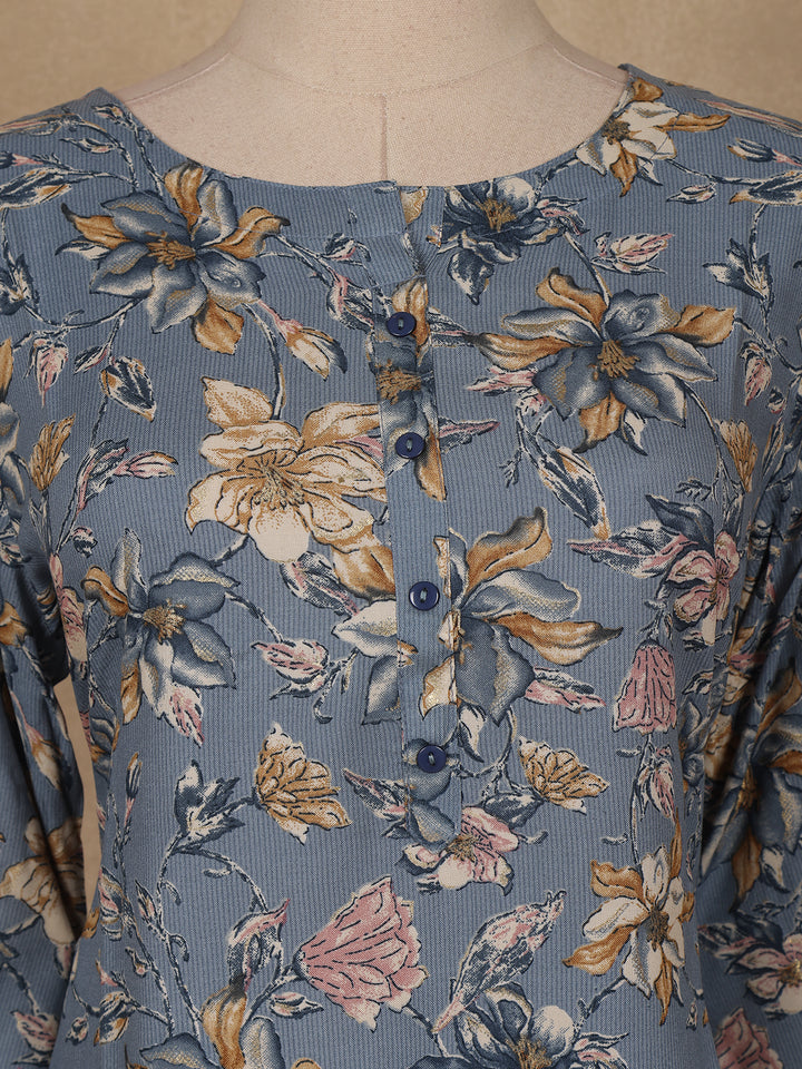 Slate Blue Floral Design Print Rayon Kurti - Diadem