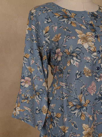 Slate Blue Floral Design Print Rayon Kurti - Diadem