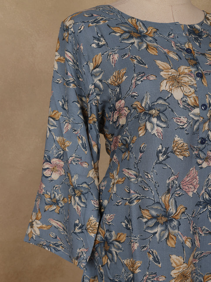 Slate Blue Floral Design Print Rayon Kurti - Diadem