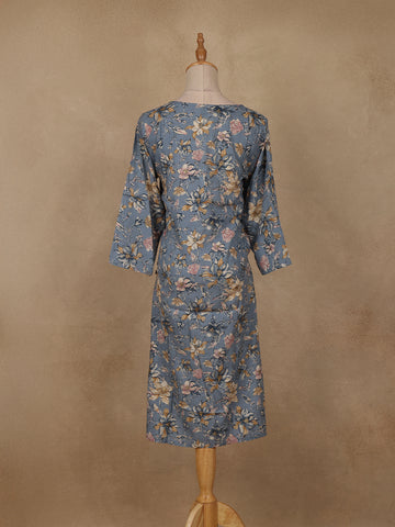 Slate Blue Floral Design Print Rayon Kurti - Diadem