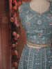 Slate Blue Floral Thread and Beads Embroidered Design Net Lehenga with Dupatta