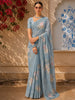 Slate Blue Floral Woven Design Pure Tussar Saree with Thread Embroidered Border