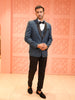 Slate Blue Solid Design Contrast Black Pinstriped Shawl Lapel Polynosic Men's Wedding Suit with Matching Pant