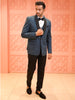 Slate Blue Solid Design Contrast Black Pinstriped Shawl Lapel Polynosic Men's Wedding Suit with Matching Pant